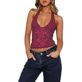 Women Sexy Low Plunge Lace Halter Top Sleeveless Backless Sheer Lace Vest Tops Streetwear