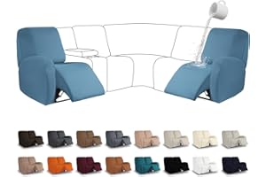 HDCAXKJ 100% Waterproof Sectional Recliner Couch Covers Stretch Washable Non Slip Corner Reclining Sofa Cover 6-Piece 2 Seater Slipcovers with Arms for L-Shape Recliner Sofa Set (Denim Blue, 2 Seat)