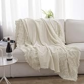 Simple&Opulence 100% Cotton Throw Blanket for Bed, Couch, Tufted Zigzag Knit Woven Boho Blanket with Tassels Soft Lightweight Breathable Cozy Blanket Farmhouse Decoration for All-Season(White)