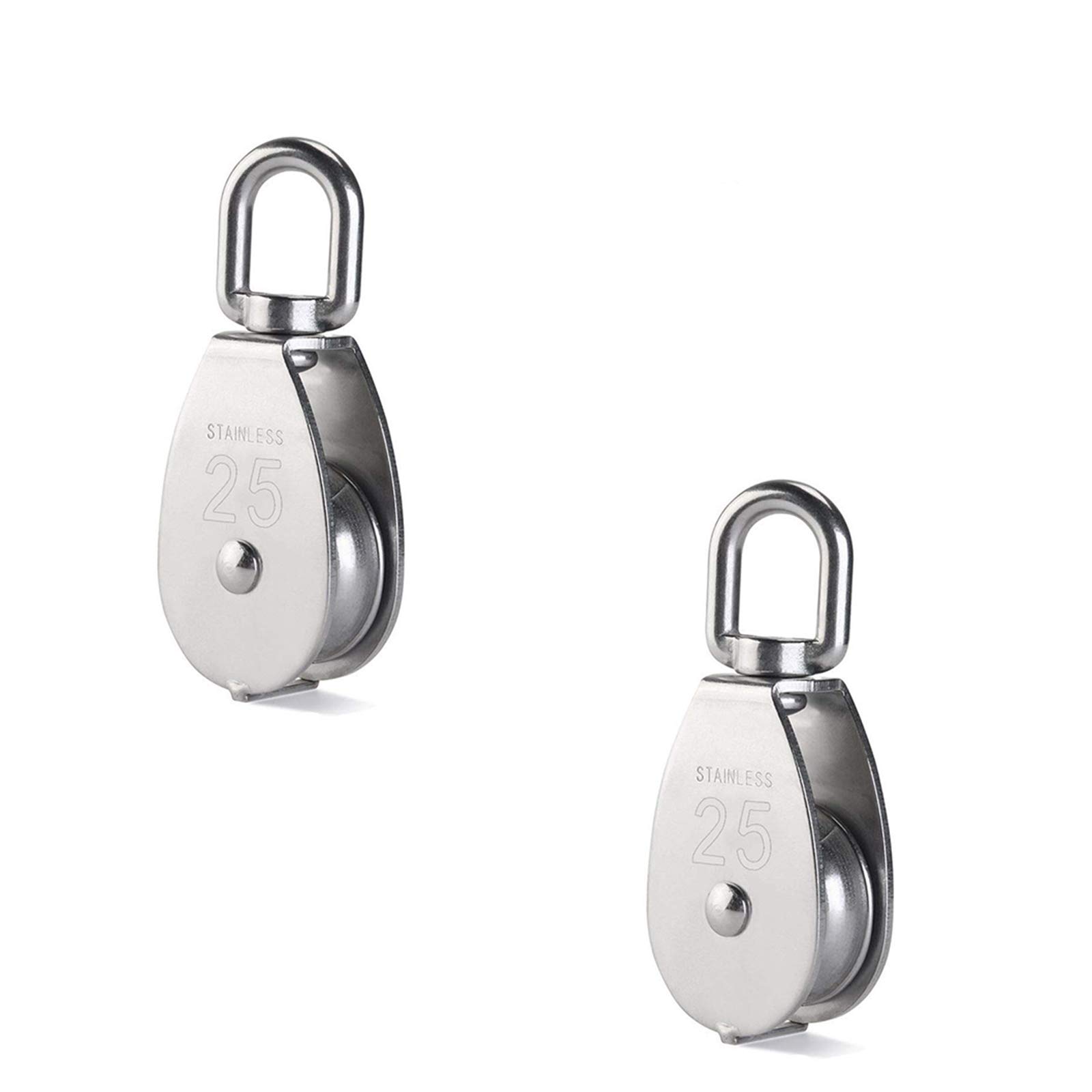 2 Pcs M25 Single Pulley,Heavy Duty 304 Stainless Steel Pulley,Wire Rope Pulley Traction Pulley,Driving Wire Wheel,Pulley Roller Safe Loading 150kg/331lbs,Silver Single Pulley for Wire Rope