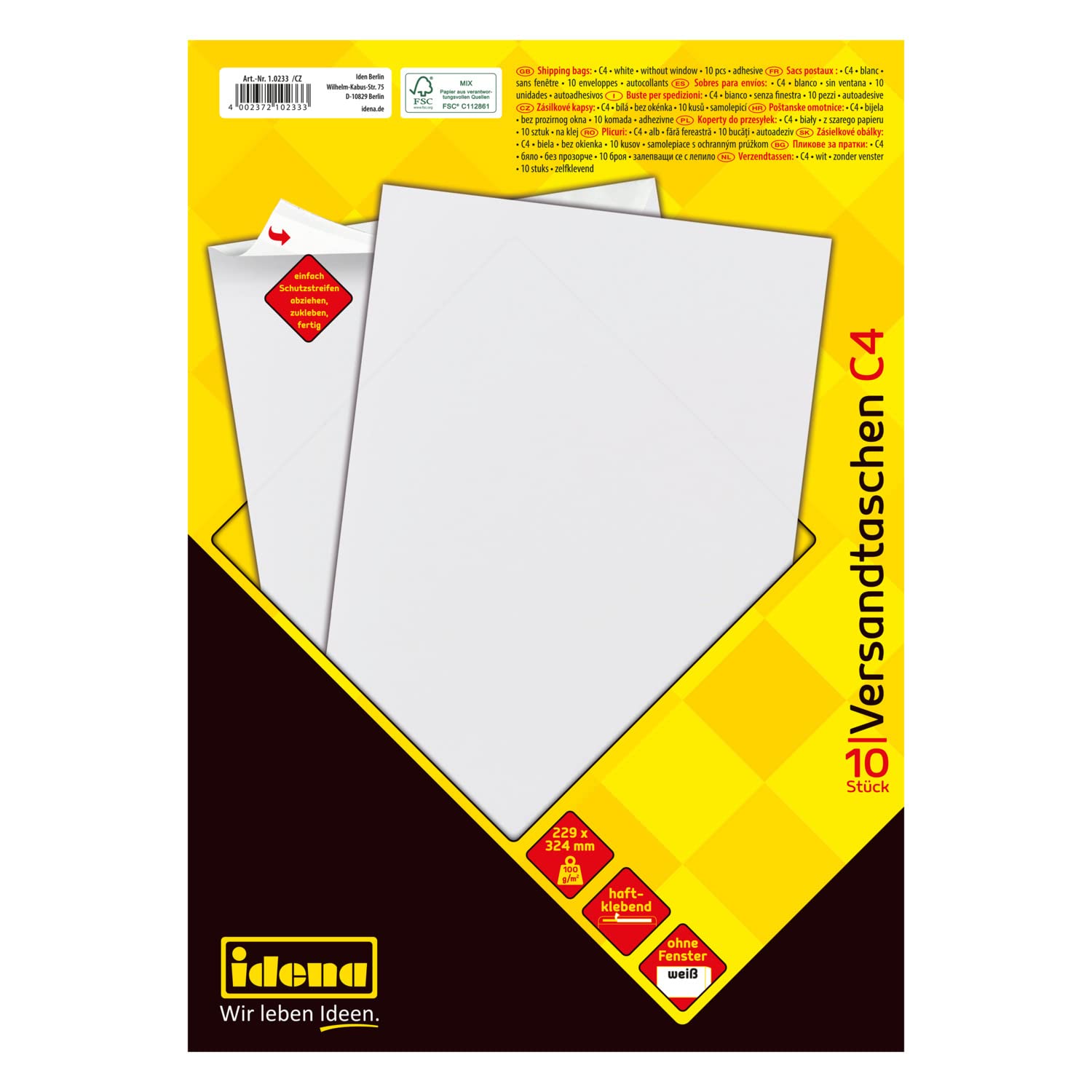 Idena 10232 Envelope DIN C4, 90 g/m2 Peel and Seal, Pack of 10, FSC Mix 10 Pieces, Without Window, White 10 Stück, 100g/m² White