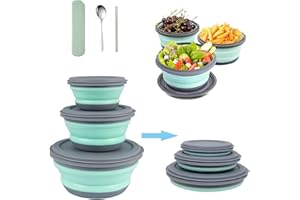 Collapsible Silicone Bowls Set with Utensils, 300-900ml, Mint Green and Grey, Dishwasher Safe, Portable Food Storage Containe