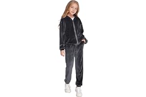Hopeac Girls Casual Basic Velour Zip Up Hoodie Sweatsuit Tracksuit Set Jogger Clothes Outfits