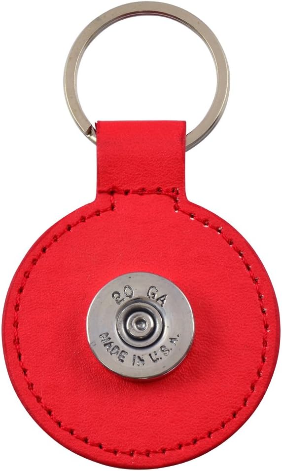 Shotgun Shell Round Leather Keychain, 20 Gauge Bullet Casing in Silvertone