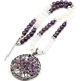 ElisaJewelryArt - Natural Amethyst Big Tree Of Life Pendant Selenite And Amethyst Stone Beaded Necklace Genuine Gemstone Healing Stone Clasp Closure Necklace Unisex Necklace