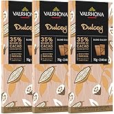 Valrhona Premium French Blonde Chocolate DULCEY 35% Cacao Tasting Bars - Creamy, Caramel Cookie Flavor Notes. Easy Melt and Tempering. Creamy and Balanced. Makes Luscious Frostings 70g (Pack of 3)
