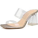BCTEX COLL Women's Clear Heeled Sandals Transparent Two Strap Square Toe Slip On Chunky Block Heels Dress Shoes, Beige, Black, Nude, Rose Gold