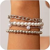 Gold Pearl Bracelets for Women Dainty 14K Gold Plated Stack Set Trendy Stackable Non Tarnish Cuban Link Chain Bracelets Jewelry Sets Gifts for Womem