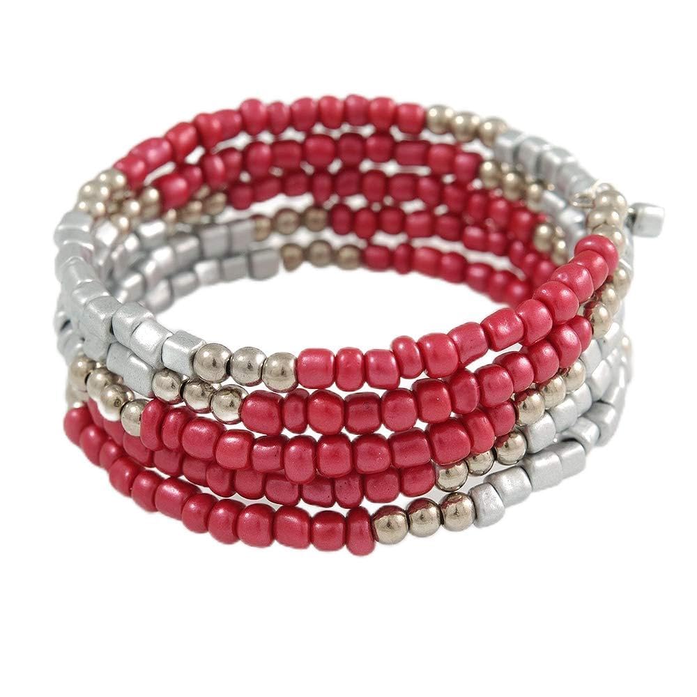 Avalaya Crimson Glass and Silver Acrylic Bead Multistrand Coiled Flex Bracelet - Adjustable