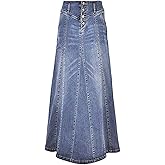 ebossy Women's High Rise Distressed Wash Denim Skirt A Line Swing Maxi Long Jean Skirts