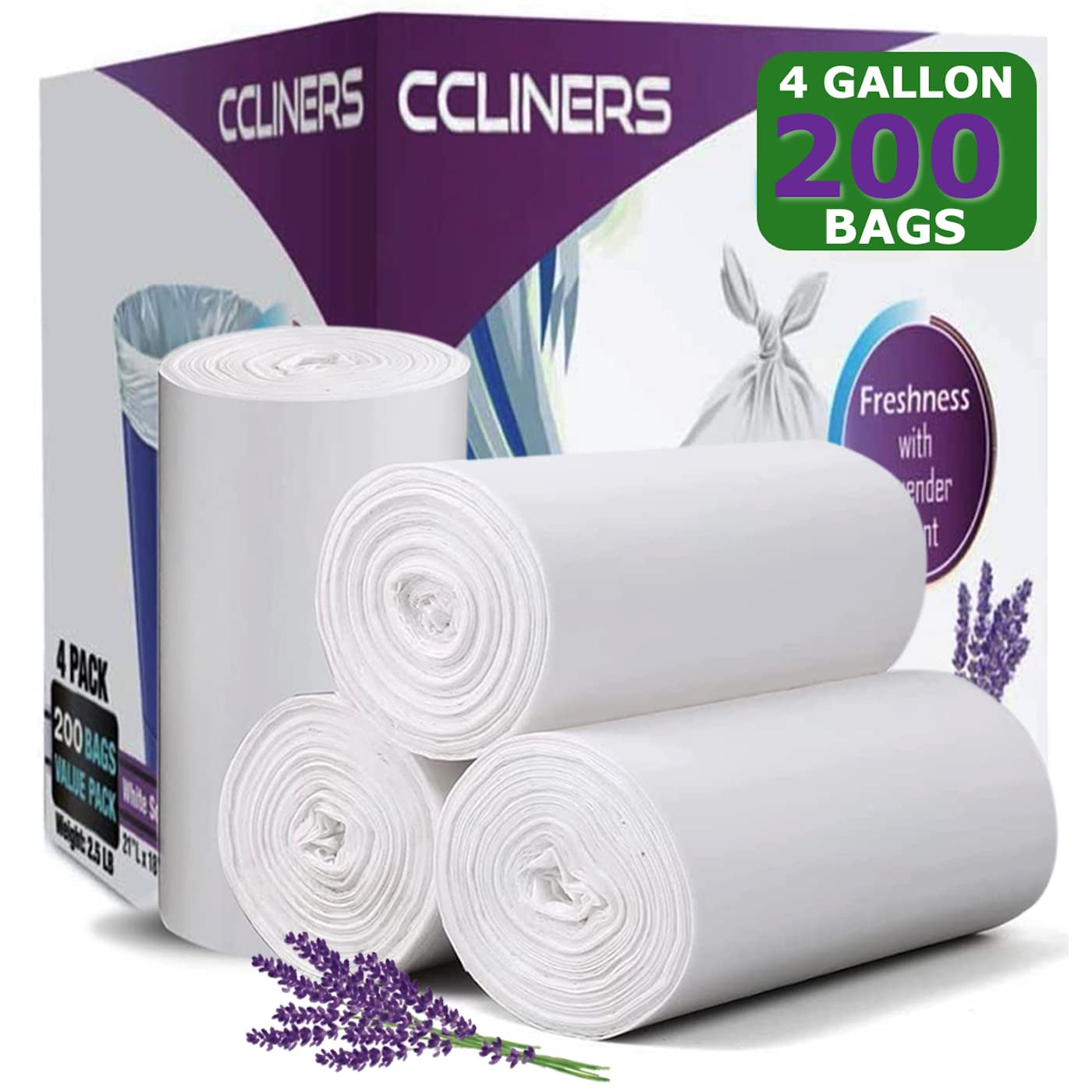 Photo 1 of 4 gallon Small Trash Bags Lavender Scented (200 Count) CCLINERS White Bathroom Garbage Bags 15 Liter Diaper Bags Mini Wastebasket Can Liners for Home Office Bins (200 Bags)