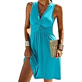 Veatzaer Women's V Neck Front Knotted Sleeveless Tank Dress Summer Solid Casual A Line Dress