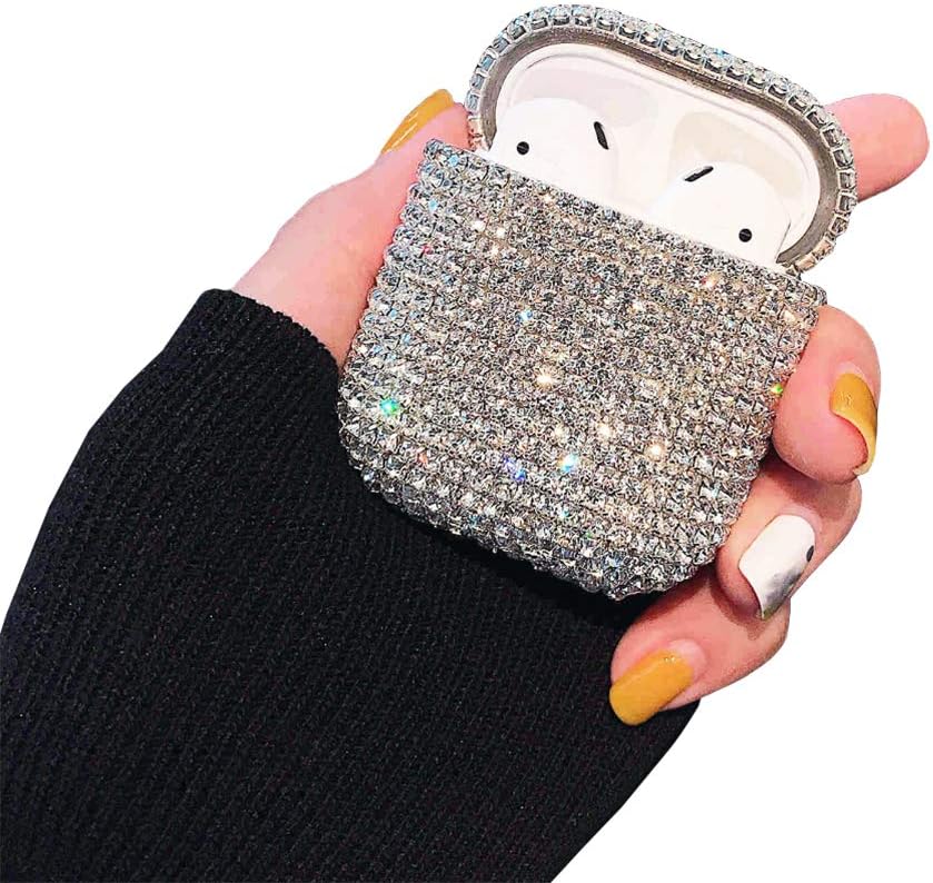 EZICOK Bling Diamond Case for AirPods Chic Fashion Girls Women Handmade Silver Glitter Luxury Rhinestone Crystal Hard Cover for Apple AirPods 2 & 1 Charging Box, Airpod Shiny Accessories