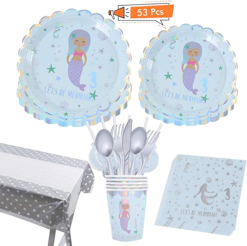 DreamJing 53 Pcs Mermaid Party Supplies Set, Mermaid Paper Plates Party Tableware Paper Cups Plates Napkins Tablecloth for Mermaid Party Baby Shouwer Decorations for 6 Guests