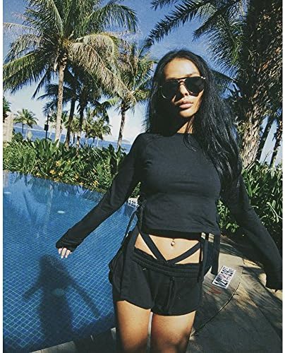 MasiMiele Sexy Bandage Round Neck Long-Sleeved T-Shirt Crop Top Shirt (L, Black)