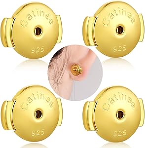 2 Pairs Sterling Silver Secure Locking Earring Backs for Diamond Studs, 18K Yellow Gold Plated Hypoallergenic Earring Back RePlacements for Notched Post , 8mm (Yellow Gold)