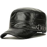 Men's Vintage Leather Military Cap Flat Top Winter Warm Male Cadet Army Caps Solid Color for Cold Weather
