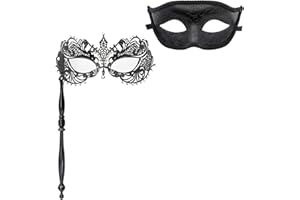 Thmyo Couple Masquerade Masks Set with Holding Stick, Venetian Handheld Party Mask for Women and Men Party Costumes Accessory