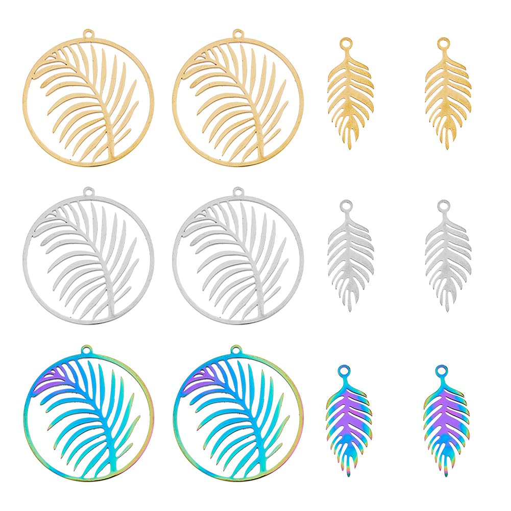 DICOSMETIC 12Pcs 3 Colors Palm Leaf Pendant Hawaii Palm Tree Charms Summer Theme Charms Tropical Laser Cut Pendant Ring with Leaf Charms Stainless Steel Pendant for Jewelry Making