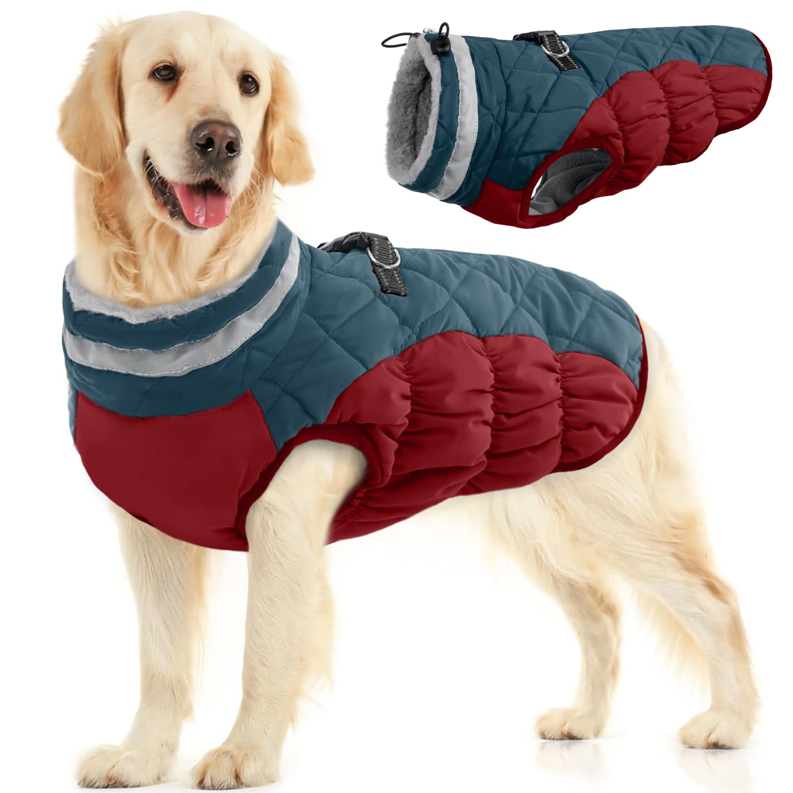 Photo 1 of (medium) FUAMEY Dog Coat for Large Dogs,Waterproof Dog Winter Jacket with Harness Built in Puppy Cold Weather Coats Reflective Pet Vest with Zipper Warm Fleece Dogs Snowsuit Windproof Dark Blue