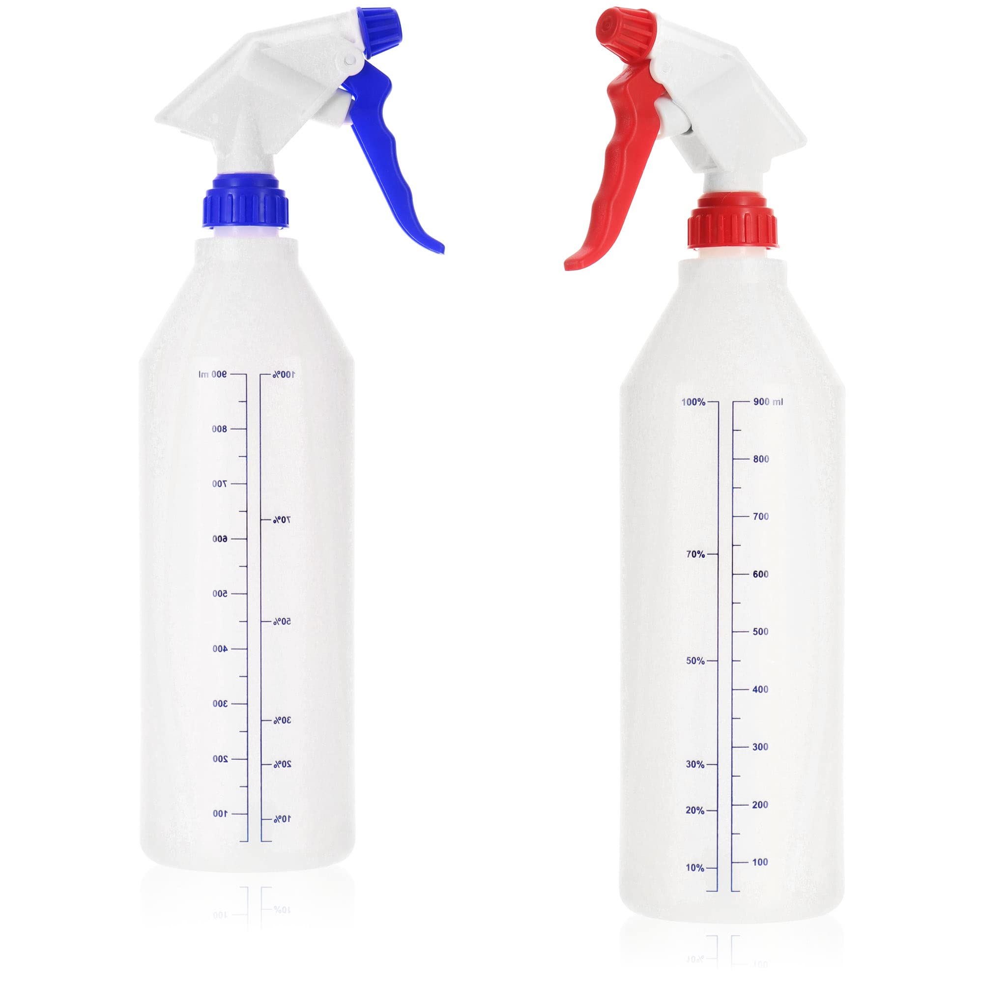 com-four® 2x spray bottle - chemical-resistant 360 degree pump sprayer with 28/400 thread for diluted acids, alkalis, oils and silicone-based mineral fats - atomizer 900 ml (white/blue + white/red)