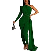 Women's Sexy Sparkly One Shoulder Long Sleeve Bodycon Jumpsuits Stretchy Long Pants Clubwear Party Rompers With Belt Rope