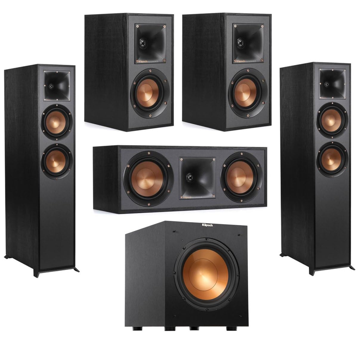 Klipsch Reference R-625FA 5.1 Paquete de cine en casa, negro, par, paquete con 2 altavoces de estantería -41 M, altavoz central 52 C, subwoofer activo de 100 SW de 10 pulgadas y 300 W