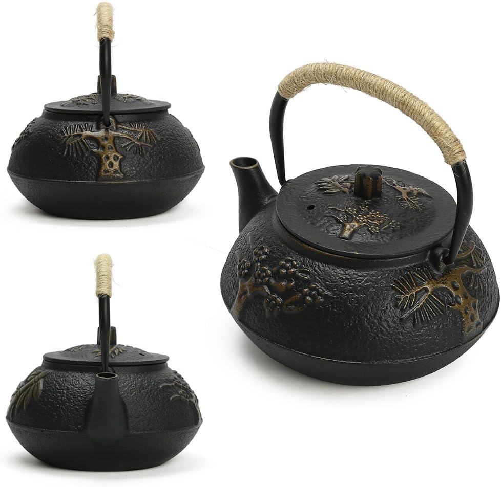Fuloon Japanese Tea Kettle Cast Iron Teapot Infuser Strainer Set Chinese Leaf Pattern with Stainless Steel Filter 30oz/0.9L (Chinese Leaf) - Image 4