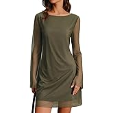 RIHOAS Women's Sexy Bodycon Mini Dress - Boat Neck Long Sleeve Stretch Mesh Cocktail Wedding Guest Christmas Party Club Dress