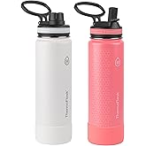 ThermoFlask Stainless Steel Water Bottles 2-Pack - Double-Wall Vacuum Insulated 24 oz BPA-Free Spout Lids - Keeps Drinks Cold 24 Hrs, Hot 12 Hrs - Leakproof, Dishwasher Safe, White/Coral