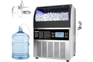 GSEICE Commercial Crescent Ice Maker, 120lbs/24H Stainless Steel Under Counter Ice Machine with 70lbs Ice Storage Bin, 2-Way Add Water, Drain Pump, Freestanding Ice Maker for School, Home, Bar, RV