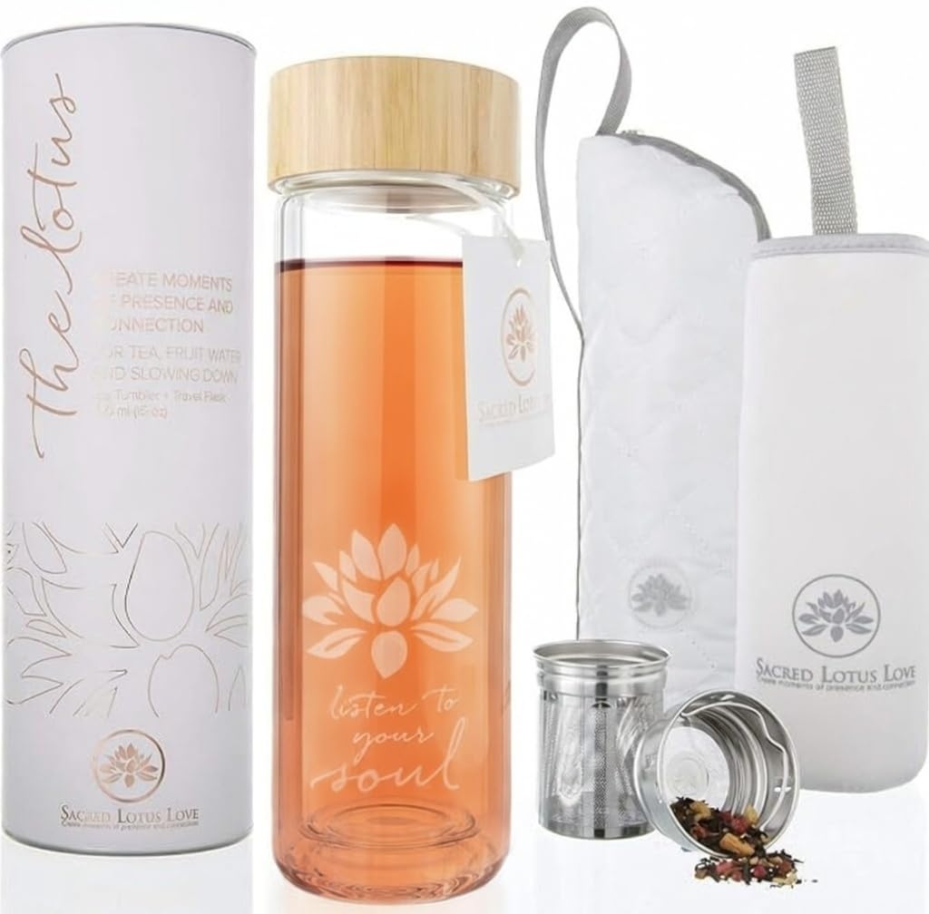 The Lotus Glass Tea Tumbler Bottle with Infuser + Strainer for Loose Leaf & Ice Tea, Cold Brew Coffee or Fruit Water. Bamboo Lid 450ml. Travel Bottle