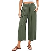GRAPENT Capri Pants for Women High Waisted Wide Leg Linen Palazzo Trousers Pull On Elastic Smock Waist Loose Flowy Pants