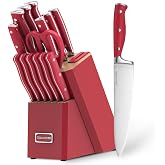 Red Knife Set with Block, 15-Piece Knife Block Set with Built-in Sharpener | X50Cr15MoV High Carbon Stainless Steel at 58&plusmn;2 HRC, Ergonomic ABS Full Tang Handles, Ideal Present for Family &amp; Restaurant