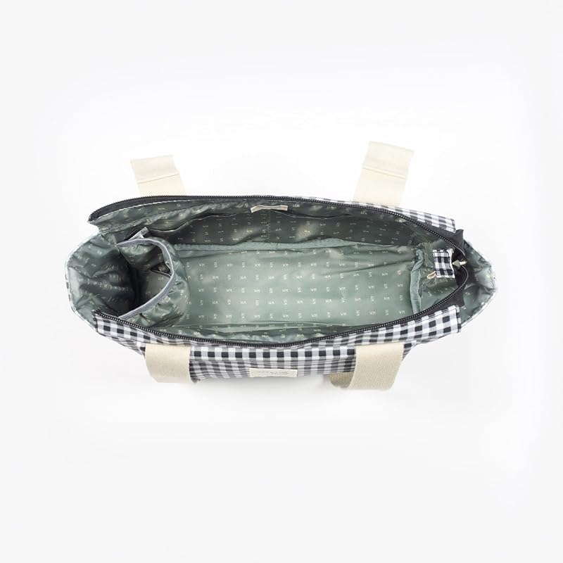 . Bolso organizador I Love Vichy. Bolsa de maternidad para silla de paseo. Asas cortas para fijar al carro. Color Negro. Medidas 31X17X12 cm.