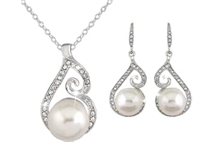 Fujiuia 925 Sterling Silver CZ Freshwater Cultured Pearls Bridal Pendant Necklace Earrings Wedding Jewelry Sets for Valentine's Day/Mother's Day/Christmas Jewelry Gift for Girlfriend/Mom