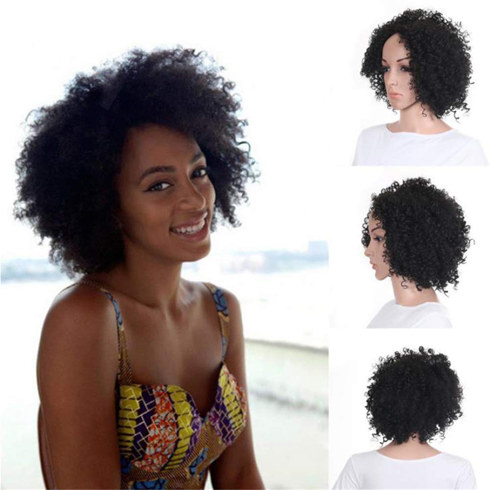 Wawig Black Short Fluffy Kinky Curly Synthetic Afro Full Wigs For