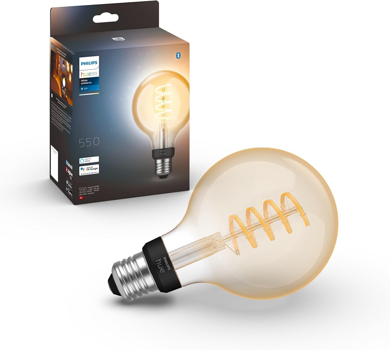 Philips Lighting Philips Hue White Ambiance, Ampoule Led Connectée E27 Filament G93 Globe, Compatible Bluetooth, Fonctionne Avec Alexa, Google Assistant Et Apple Homekit