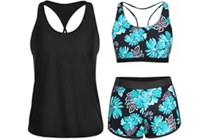 Yonique 3 Piece Athletic Tankini Swimsuits for Women with Shorts Swim Tank Tops with Sports Bra and Boyshorts Bathing Suits