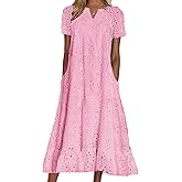 chouyatou Women Summer Ruffle Hem Floral Lace Eyelet Dress Casual Notch Neck Midi Tunic Dress with Pocket