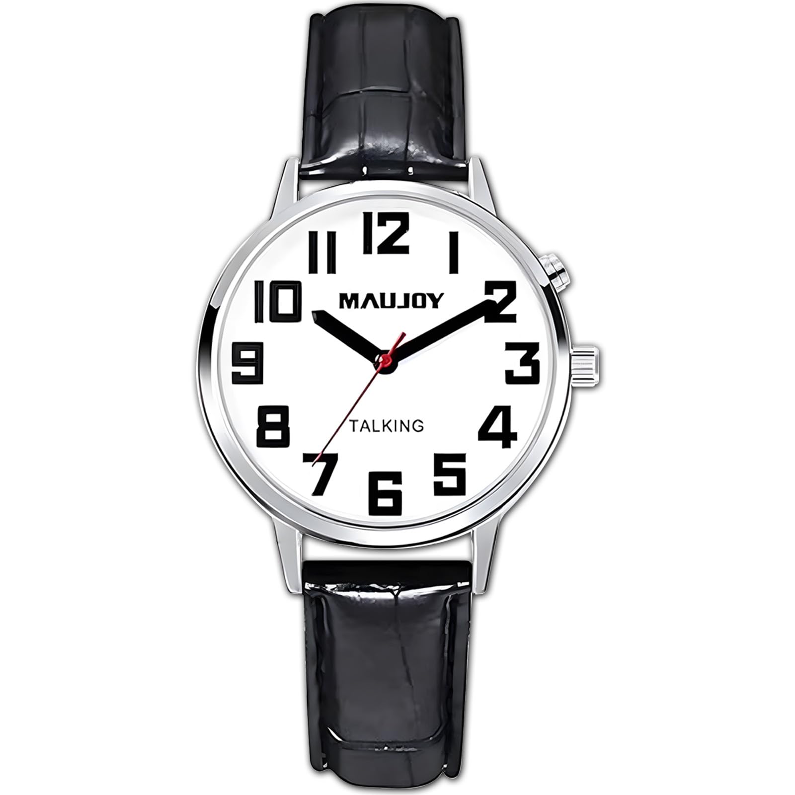 MAUJOY Ladies' Analog Talking Watch(Black Leather + Zinc Alloy) English Accent Time Announcement, Broadcasts Alarm, Time & Date, Designed for Elderly & Visually Impaired