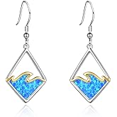 YAFEINI Sterling Silver Wave Earrings Created Opal Dangle Drop Earring Ocean Jewelry Beach Gifts for Women