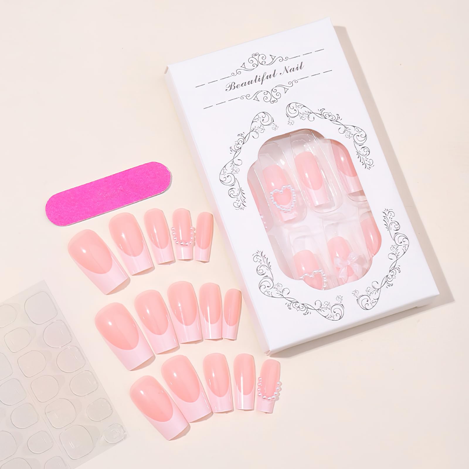 ROFIBUT French Tip Press on Nails Medium Square Fake Nails Glossy Full Cover Gel Glue on Nails with Pearls Design Luxury 3D Bow Rose Charms Coffin False Nails for Women Manicure Nail Decor 24Pcs - Image 3