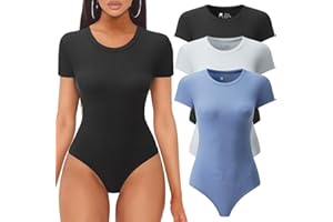 Kivdol 3 Pack Women's Round Neck Short Sleeve T Shirts Basic RibKnit Bodysuits