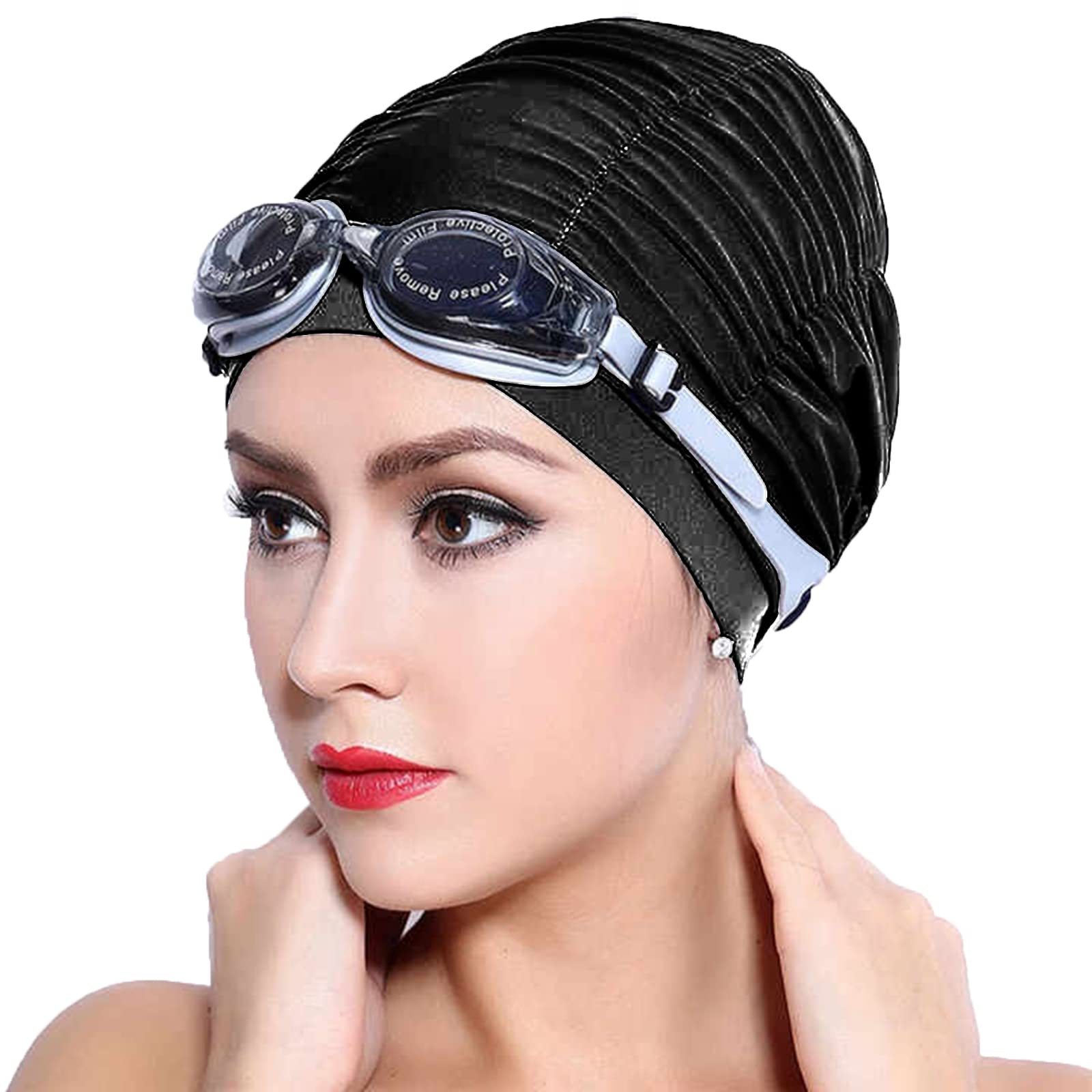 Ladies Women Pleated Fabric Swimming Cap Swim Pool Beach Surfing Caps Elastic Soft Bathing Cap Swimming Shower Cap Comfortable and Elegant Swim Hat for Long Hair Short Hair Ears Protection Black&Blue