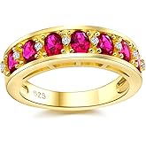 DAYBYDAY Oval Band Rings for Women, 925 Sterling Silver/14k Gold Plated Half Eternity Ring, Aquamarine/Ruby/Emerald/Sapphire Birthstone Rings, Thick Band Gemstone Anniversary Ring Size 6 to 10