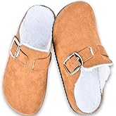 Women's Fuzzy Suede Clogs, Cozy Fur Lined Mules, Slip-On Winter Potato Shoes with Adjustable Buckle
