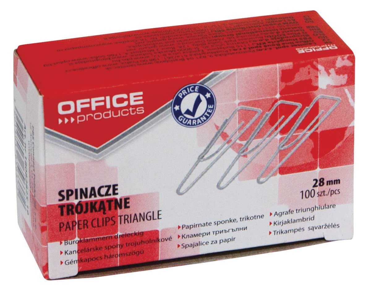 OFFICE PRODUCTS 18082825-19 Paper Clips Metal Paper Clips Triangular Silver 28 mm Pack of 1000 (10 x 100) Nickel-Plated Paper Packaging in Practical Storage Box/Paper Clips