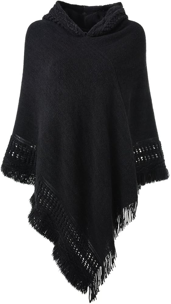 Ferand Ladies' Hooded Cape with Fringed Hem, Crochet Poncho Knitting Patterns for Women, Black at  Women’s Clothing store