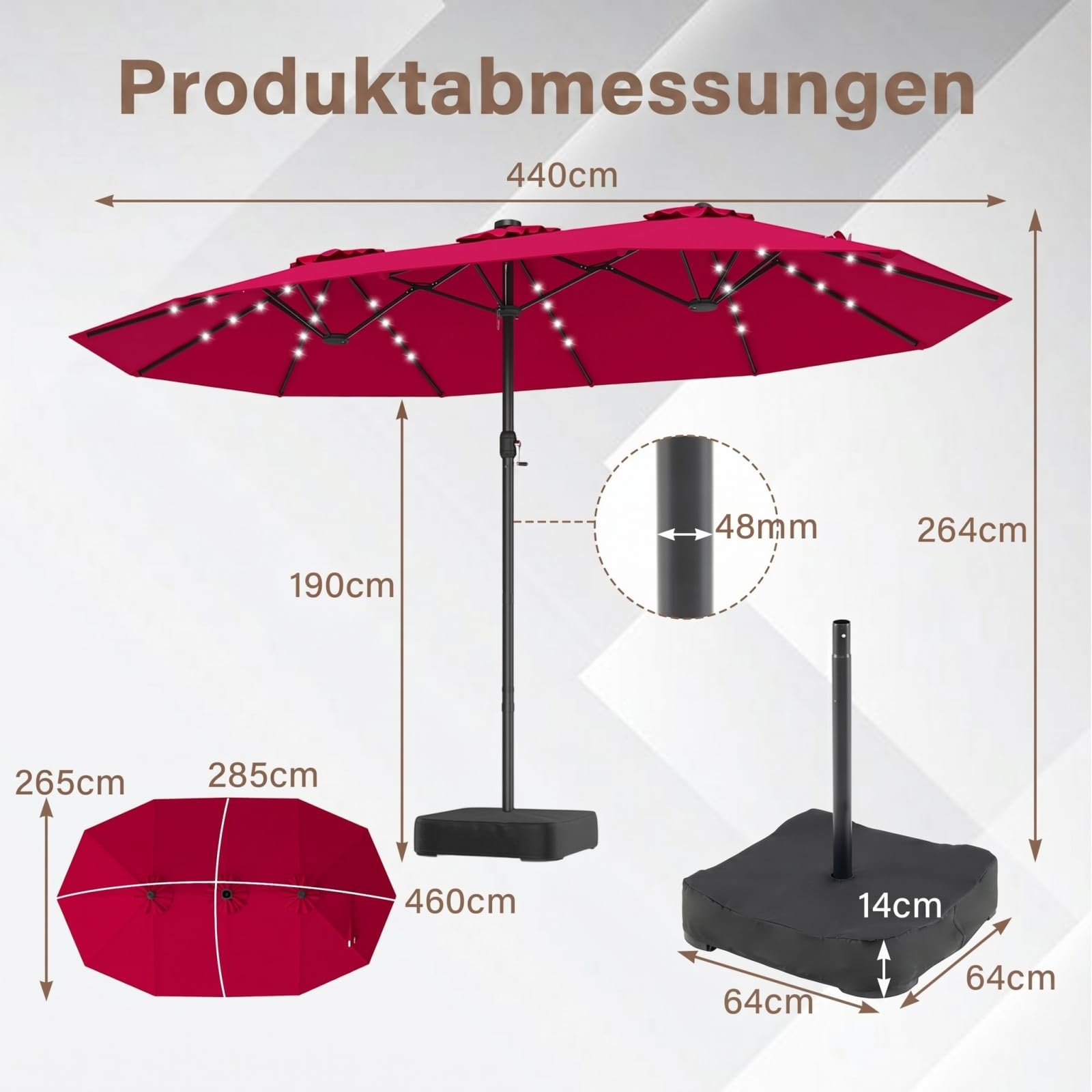 COSTWAY Doppelsonnenschirm mit Ständer und LED-Solar-Beleuchtung, 450 x 260 cm, Sonnenschirm Groß XXL, UPF 50+, Gartenschirm mit Kurbel, Terrassenschirm, Marktschirm für Garten, Terrasse (Rot) 6